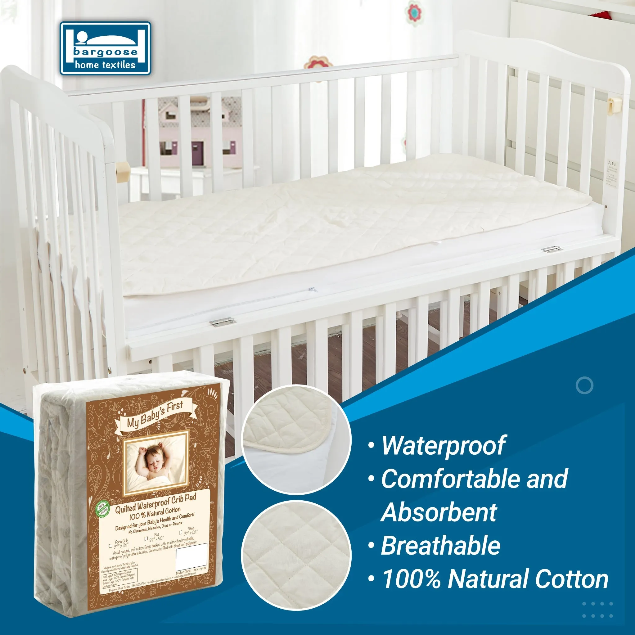 Natural Cotton Top Waterproof Porta Crib Mattress Pad - 27 x 36