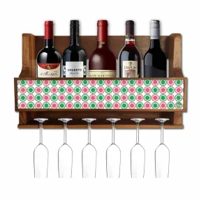 Nutcase Wooden Wine Bottle Holder Wall Mount Mini Bar for 5 bottles 6 Glasses-Pink Green Polka