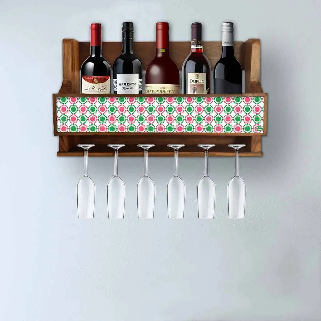 Nutcase Wooden Wine Bottle Holder Wall Mount Mini Bar for 5 bottles 6 Glasses-Pink Green Polka