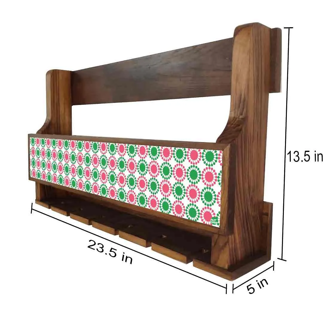 Nutcase Wooden Wine Bottle Holder Wall Mount Mini Bar for 5 bottles 6 Glasses-Pink Green Polka