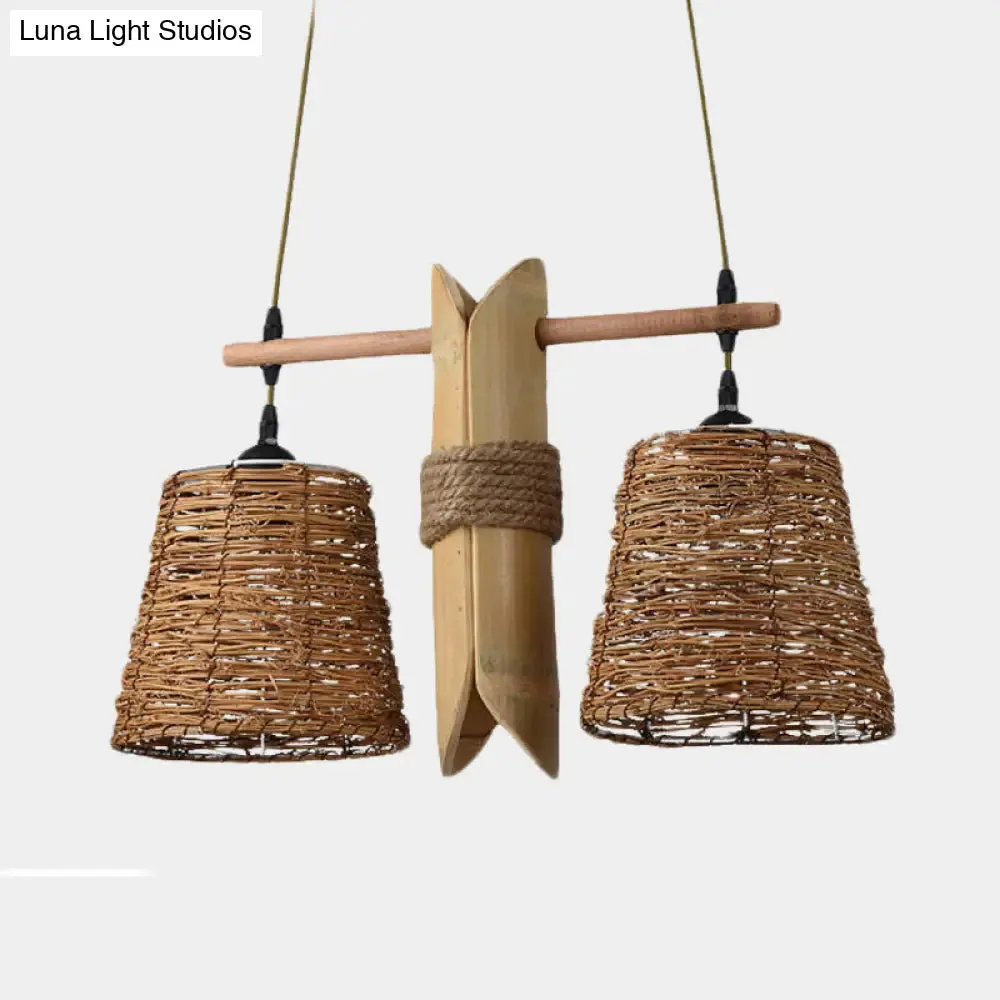 Odile - Farmhouse Rope Barrel Chandelier: Beige Pendant Lamp with Bamboo Panel