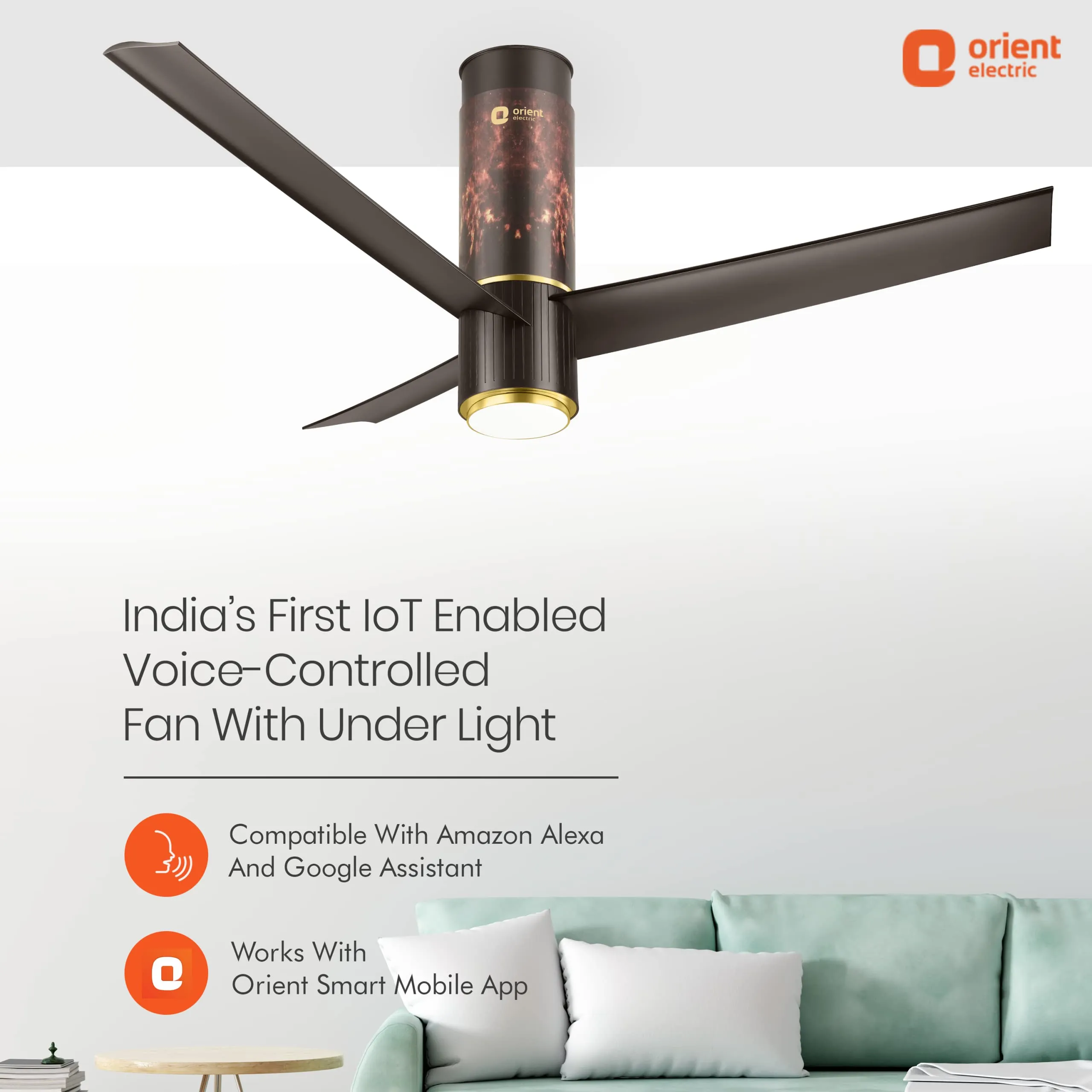 Orient Electric Aeroslim 1200mm BLDC motor Smart Ceiling Fan with IOT, Remote & Under light (Flame Gold)