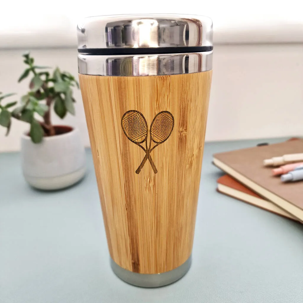 Personalised Wooden Tennis Travel Mug, Tennis Gift