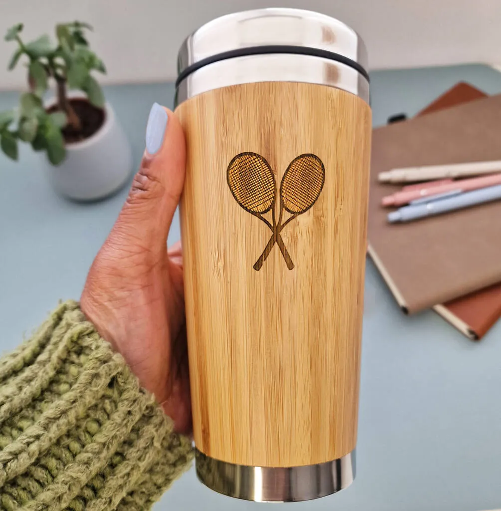 Personalised Wooden Tennis Travel Mug, Tennis Gift