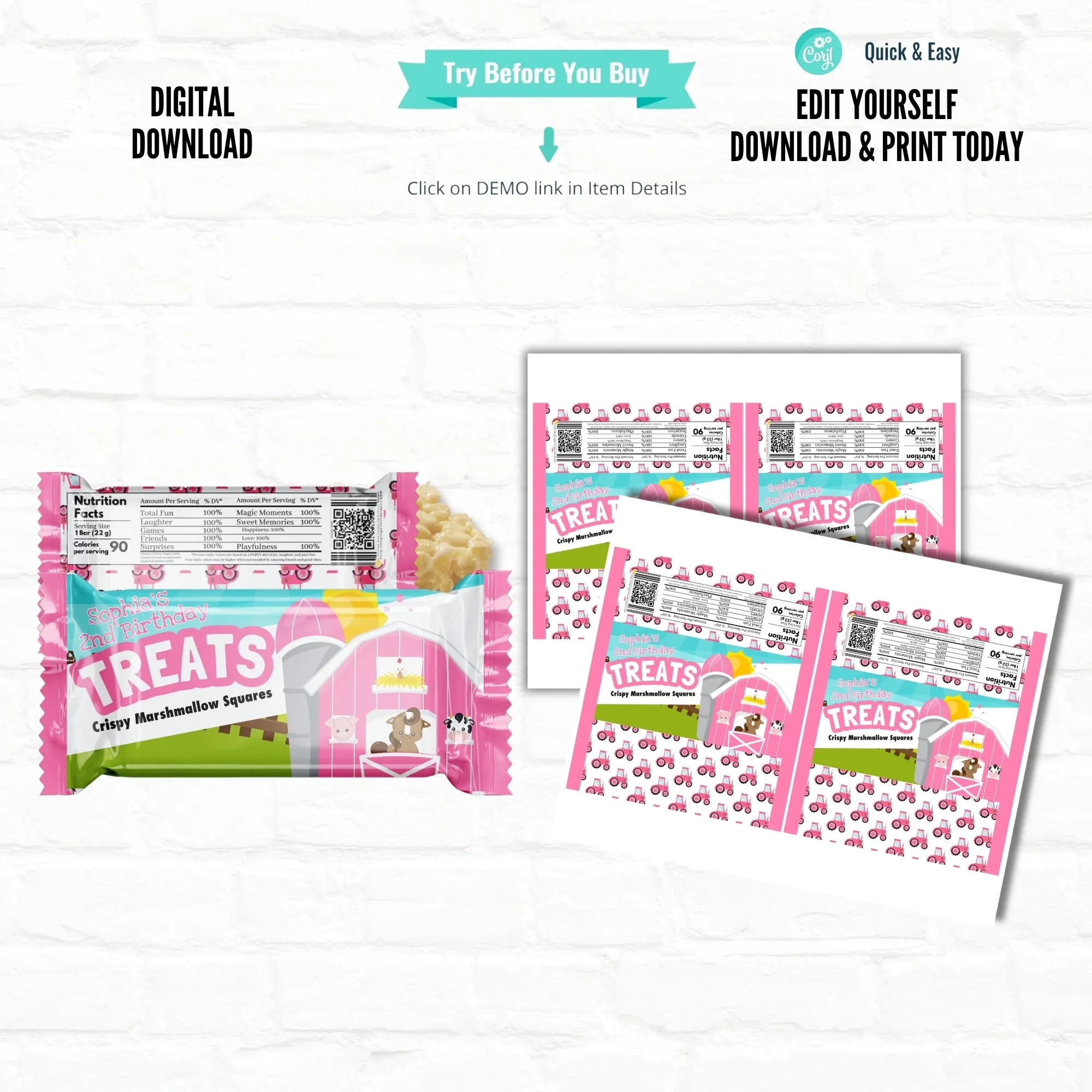 Pink Barnyard Farm Birthday Personalized  Rice Krispy Treats Wrappers|Printable File