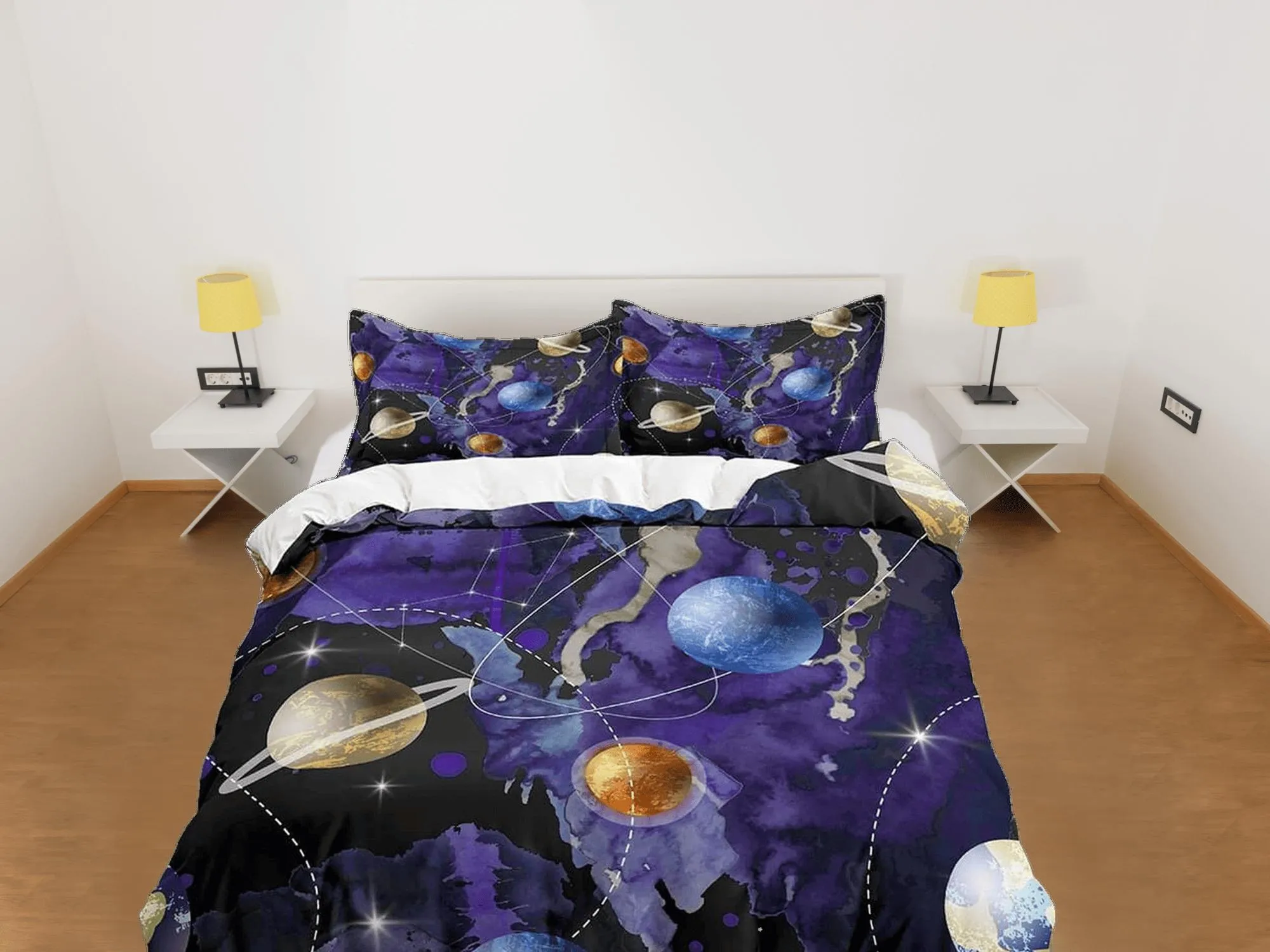 Planets galaxy purple bedding, outer space bedding set full, cosmic duvet cover king, queen, dorm bedding, toddler bedding aesthetic duvet