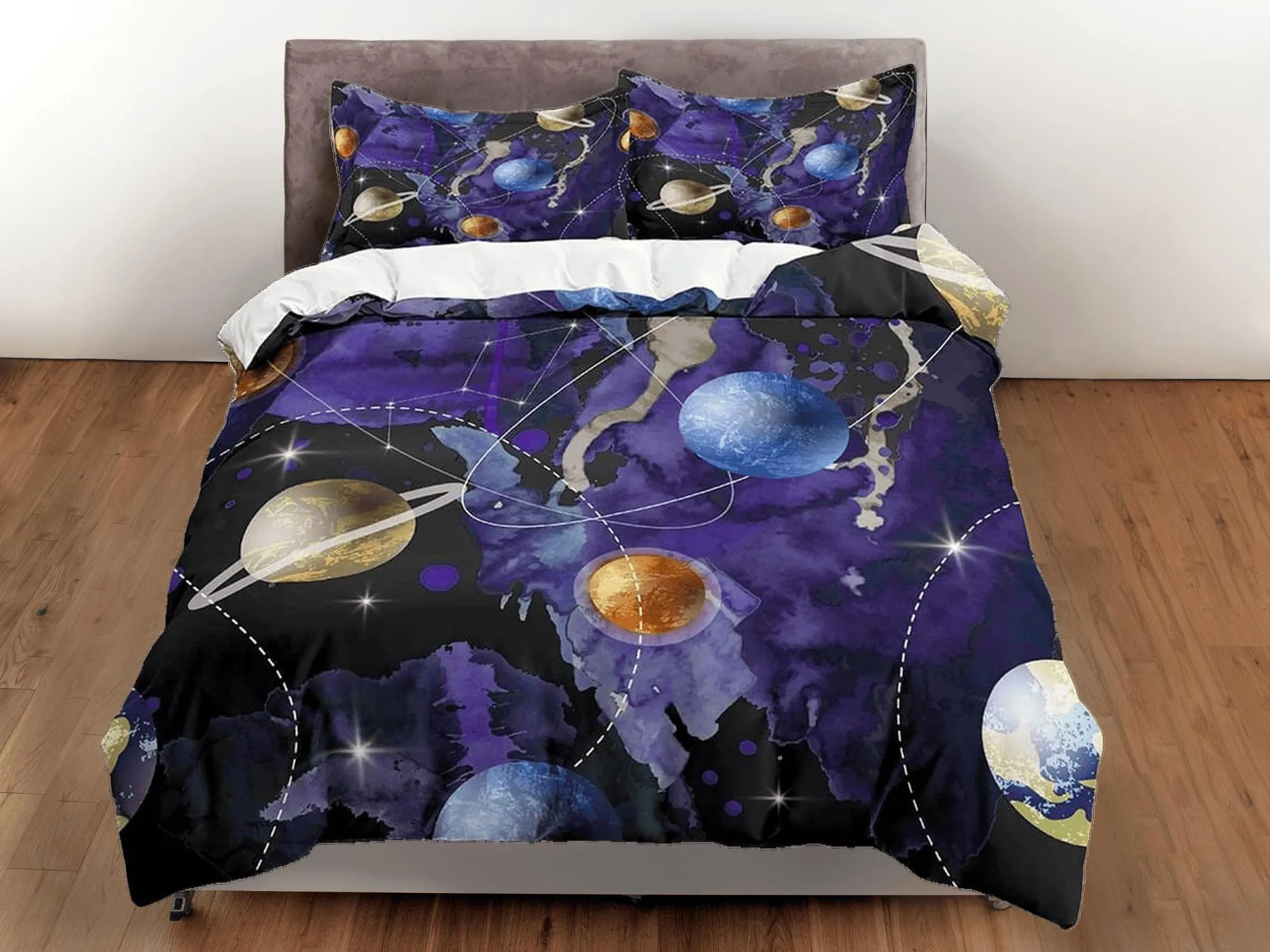 Planets galaxy purple bedding, outer space bedding set full, cosmic duvet cover king, queen, dorm bedding, toddler bedding aesthetic duvet