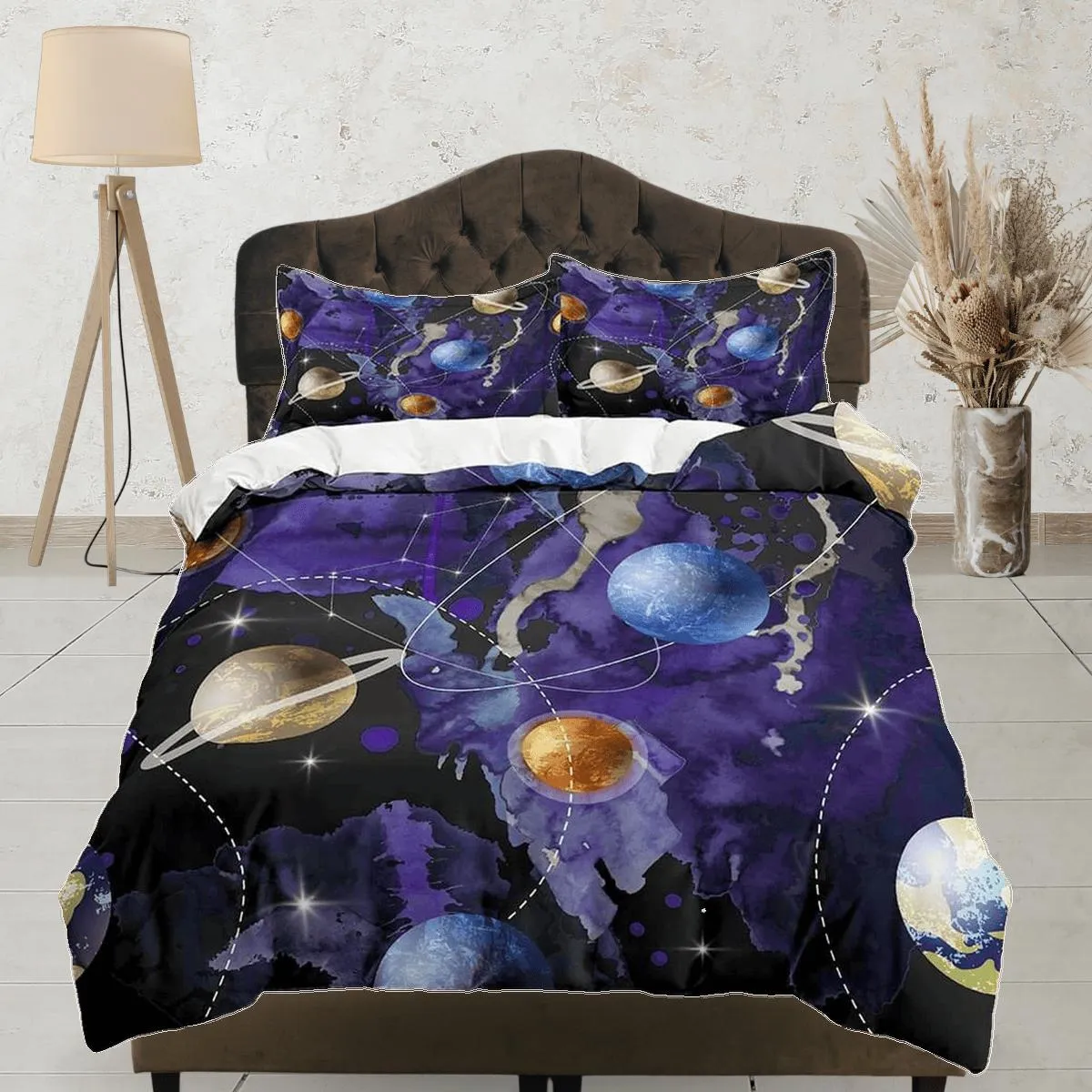 Planets galaxy purple bedding, outer space bedding set full, cosmic duvet cover king, queen, dorm bedding, toddler bedding aesthetic duvet