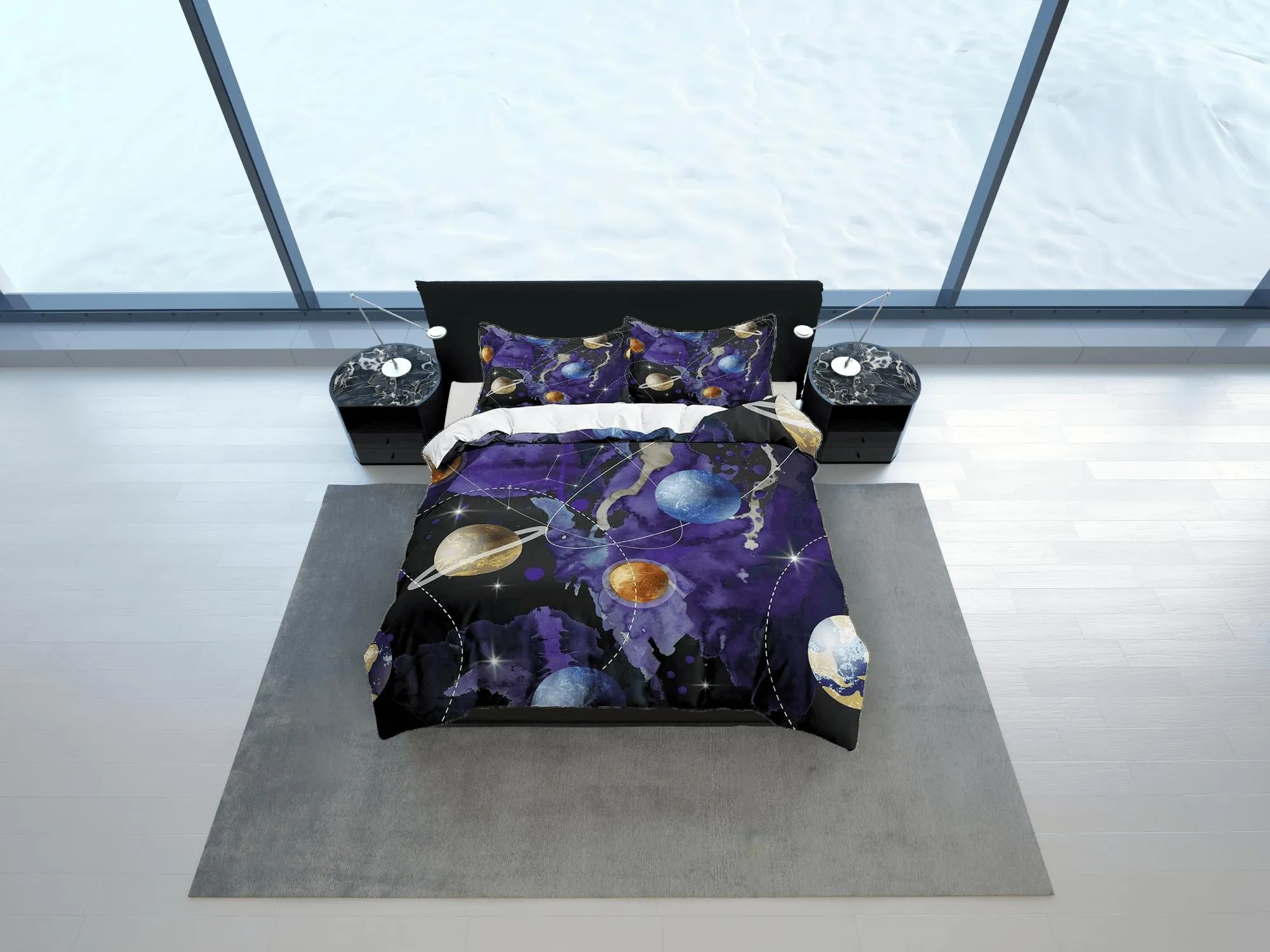 Planets galaxy purple bedding, outer space bedding set full, cosmic duvet cover king, queen, dorm bedding, toddler bedding aesthetic duvet