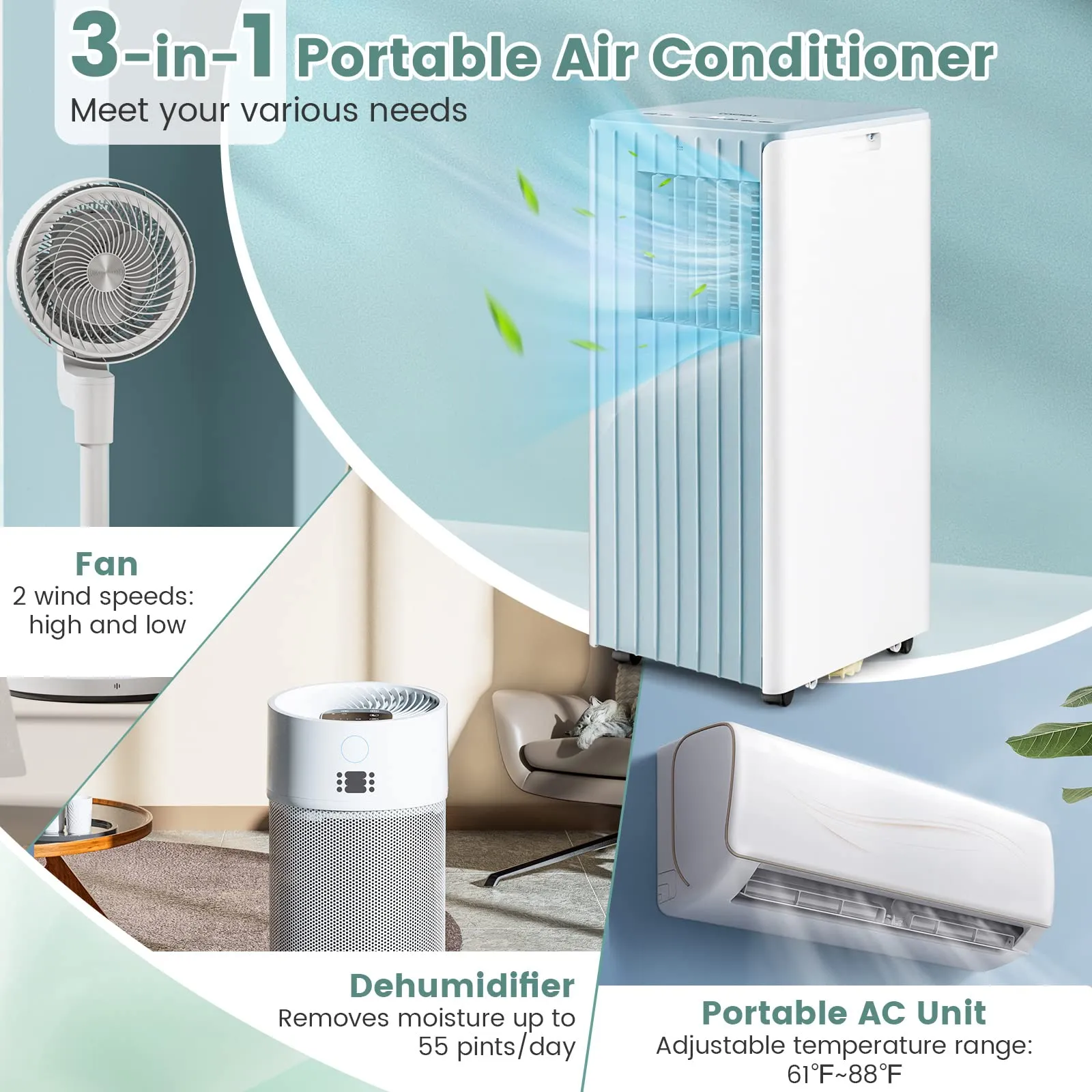 Portable Air Conditioner for Room up to 350 Sq. Ft, 10000 BTU 3-in-1 AC Unit for Bedroom w Dehumidifier/Fan/Cool/Sleep Mode