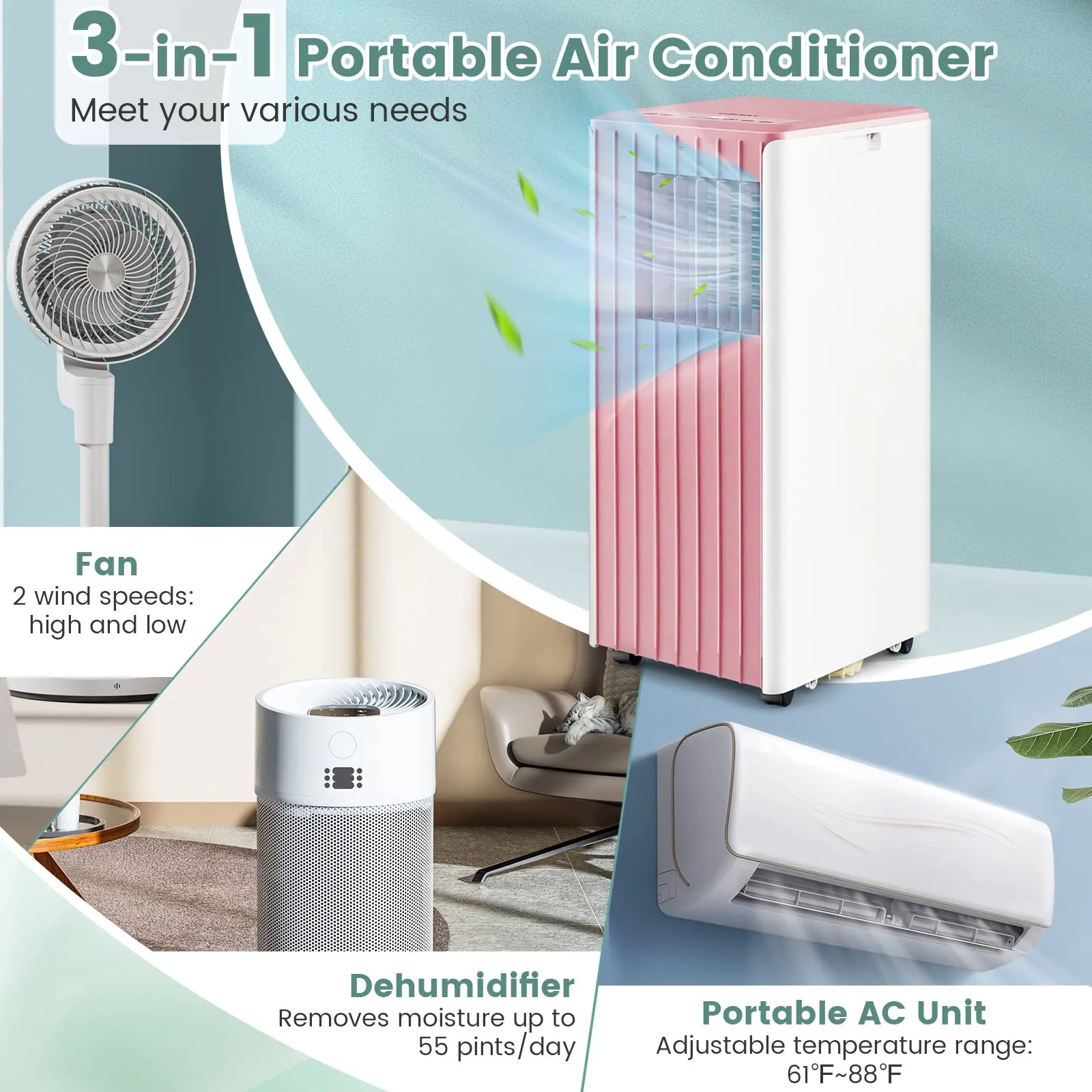 Portable Air Conditioner for Room up to 350 Sq. Ft, 10000 BTU 3-in-1 AC Unit for Bedroom w Dehumidifier/Fan/Cool/Sleep Mode