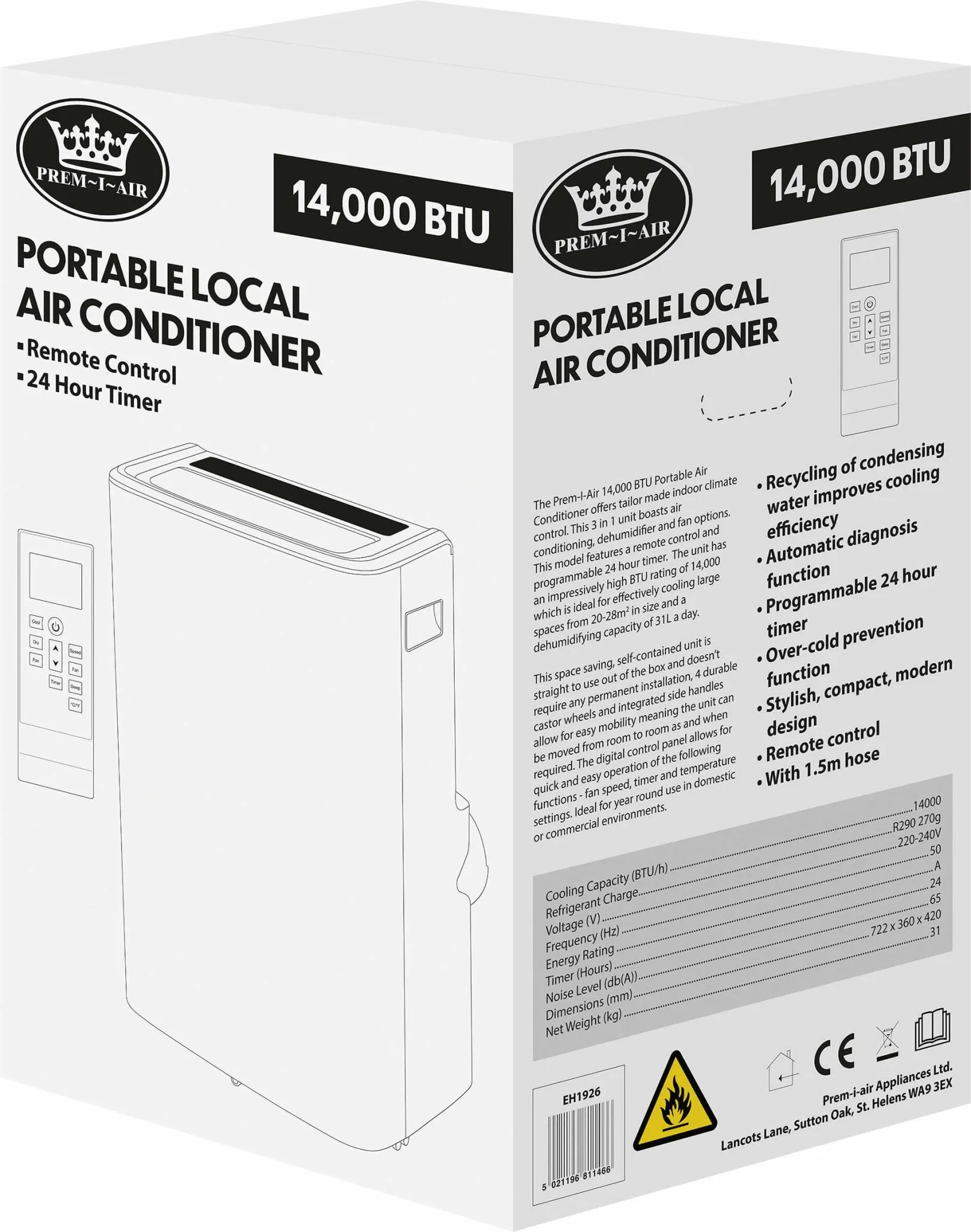 Prem-I-Air 14000 BTU Portable Local Air Conditioner with Remote Control