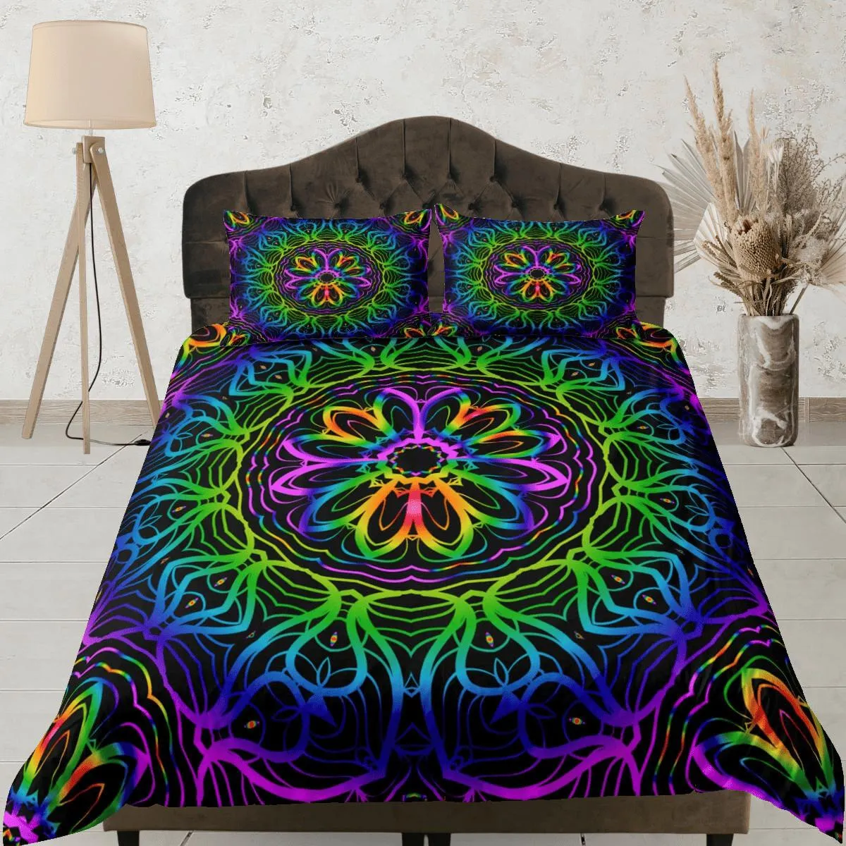 Psychedelic mandala duvet cover hippie bedding set full, queen, king, preppy dorm bedding, indie room decor, aesthetic bedspread y2k