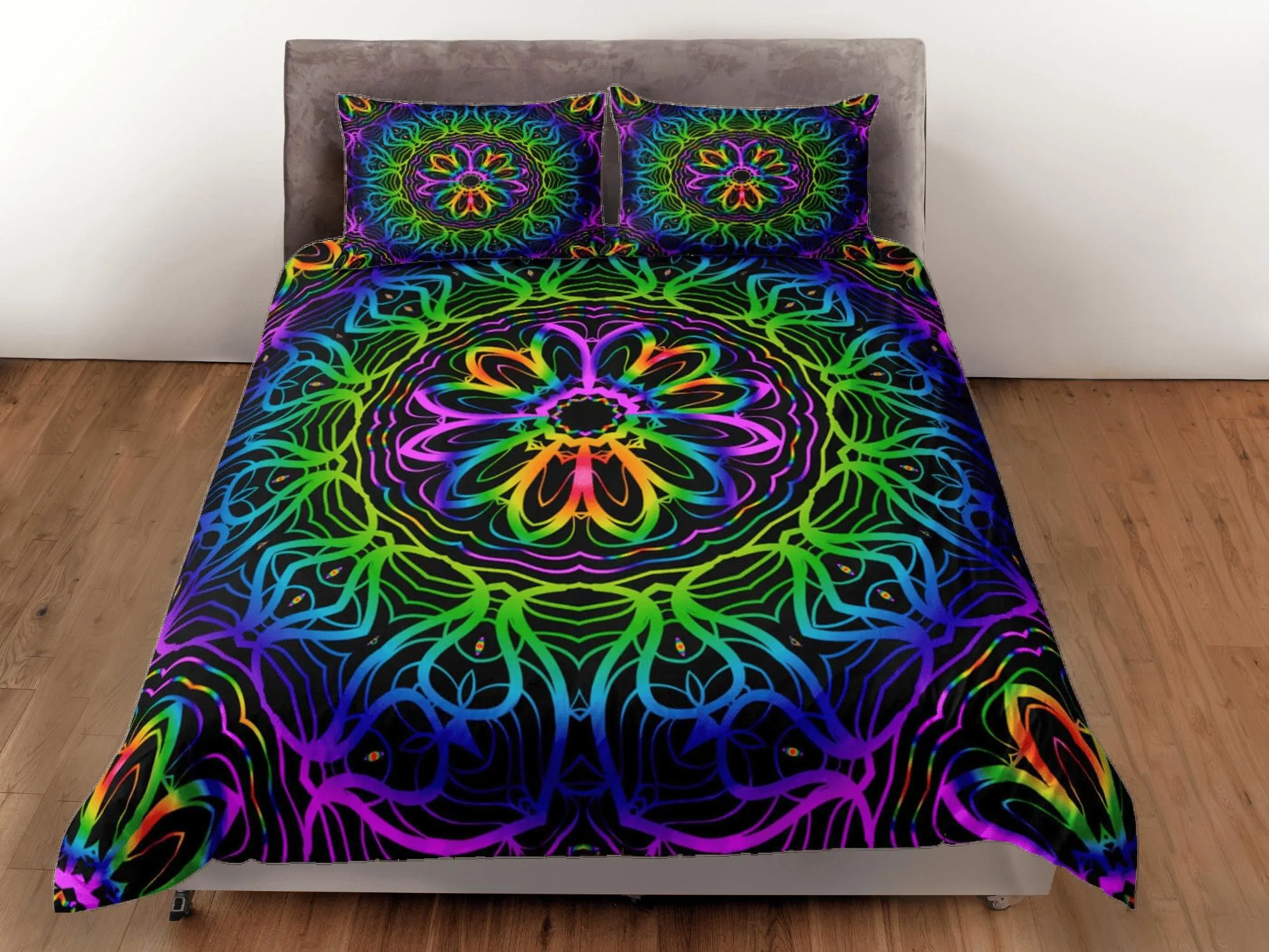 Psychedelic mandala duvet cover hippie bedding set full, queen, king, preppy dorm bedding, indie room decor, aesthetic bedspread y2k