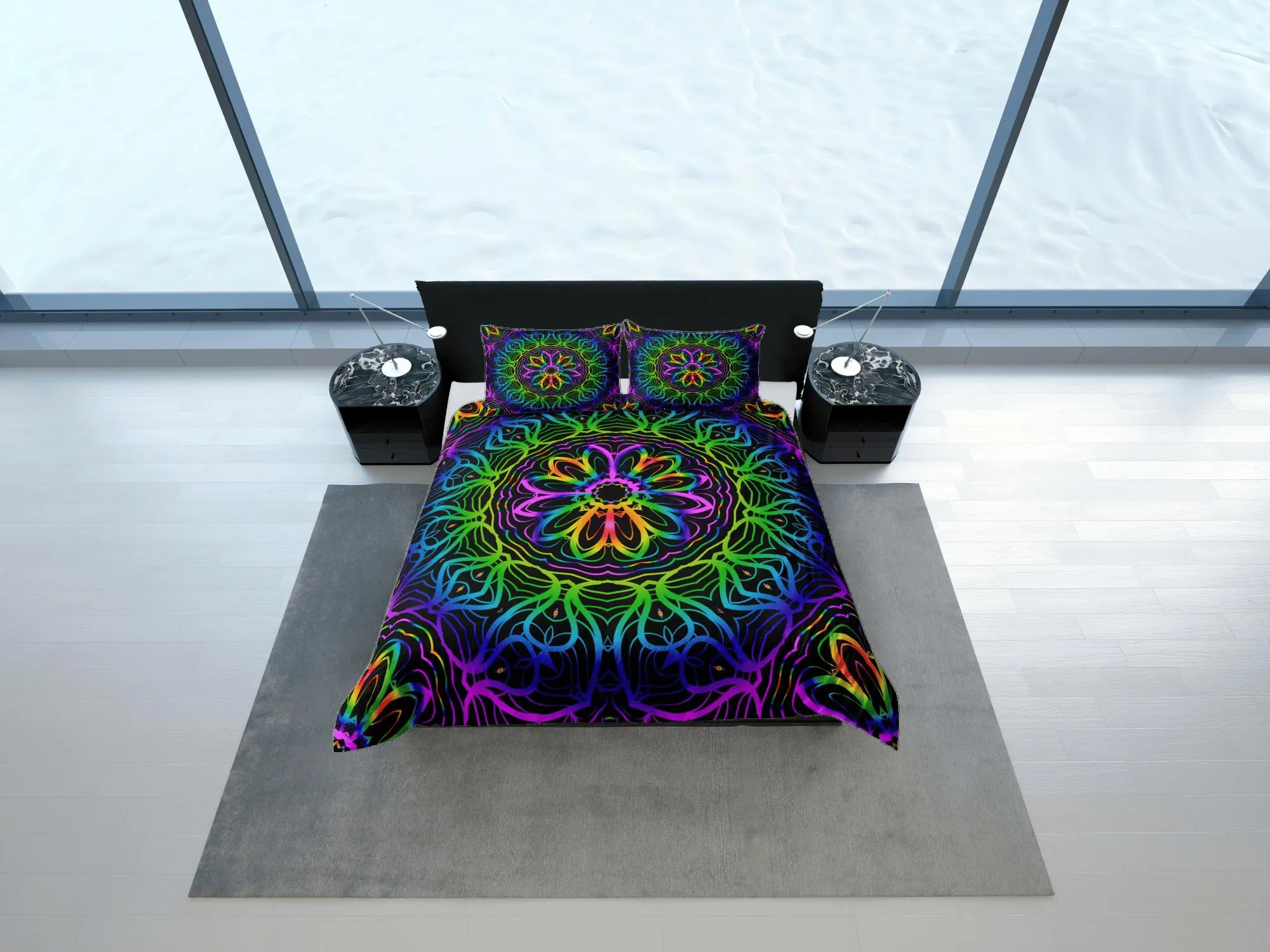 Psychedelic mandala duvet cover hippie bedding set full, queen, king, preppy dorm bedding, indie room decor, aesthetic bedspread y2k