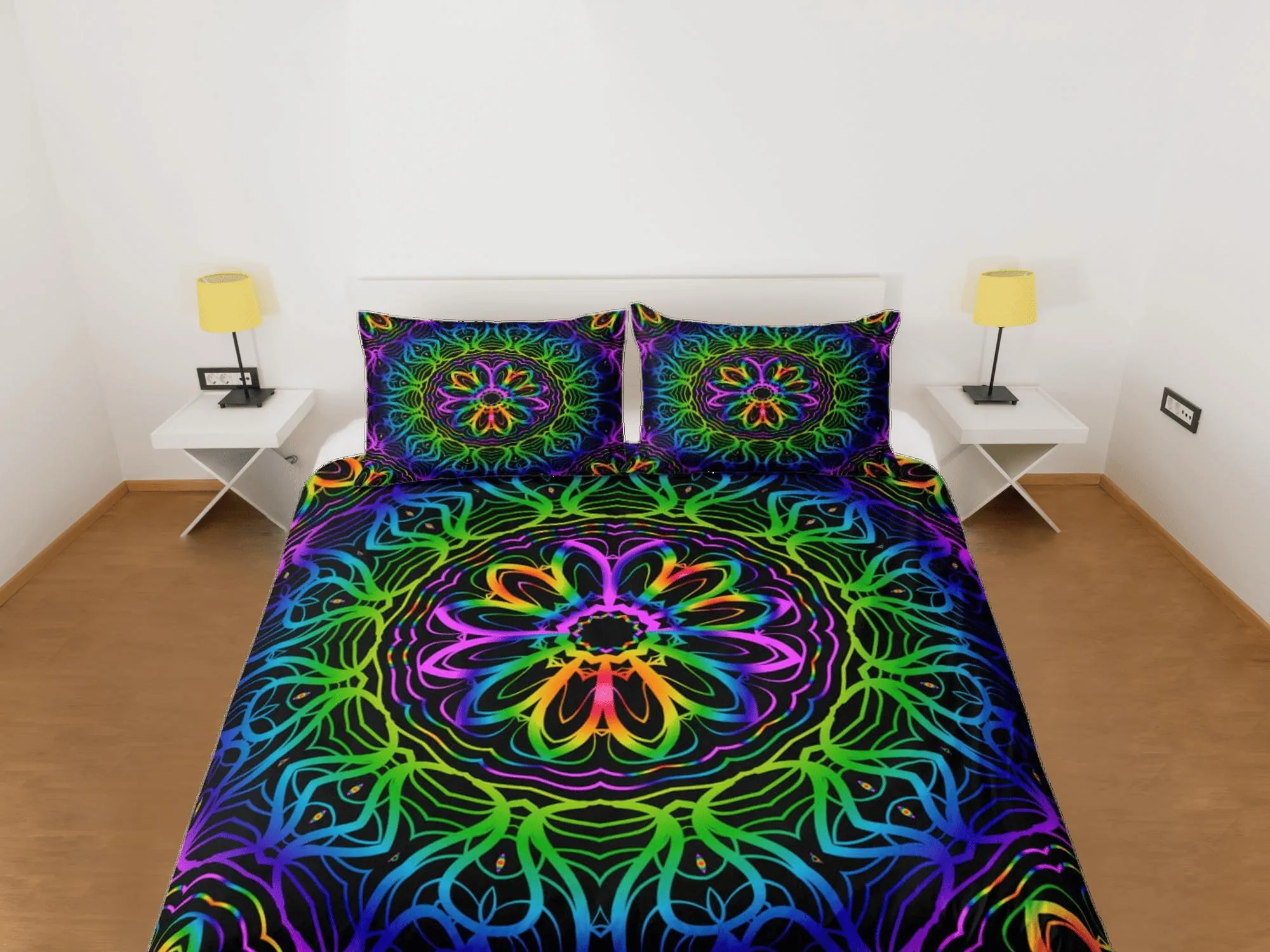 Psychedelic mandala duvet cover hippie bedding set full, queen, king, preppy dorm bedding, indie room decor, aesthetic bedspread y2k