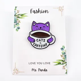 Purple Cat with a Cup of Coffee Cat Enamel Pin