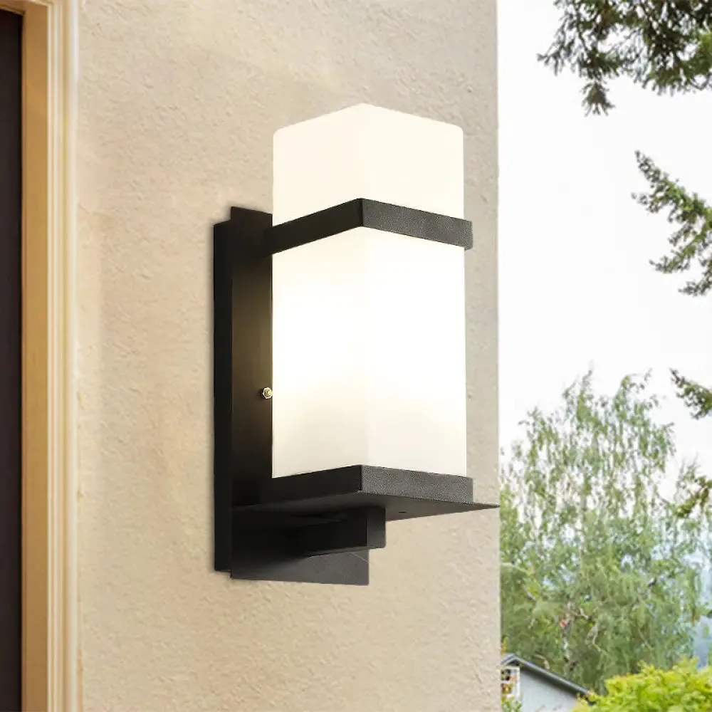 Retro 1 Light Black Glass Wall Sconce: Rectangle Porch Lamp Fixture – 5"/6" Wide