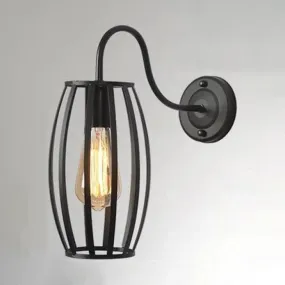 Retro Industrial Oval Cage Wall Sconce Light - Metallic Gooseneck Arm, Black Finish