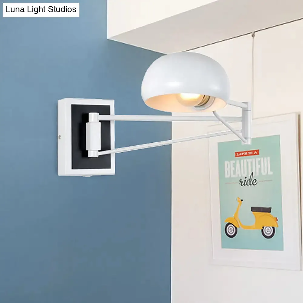 Retro Style Swing Arm Metal Wall Sconce Light with Dome Shade - Black/White Bedside Lighting