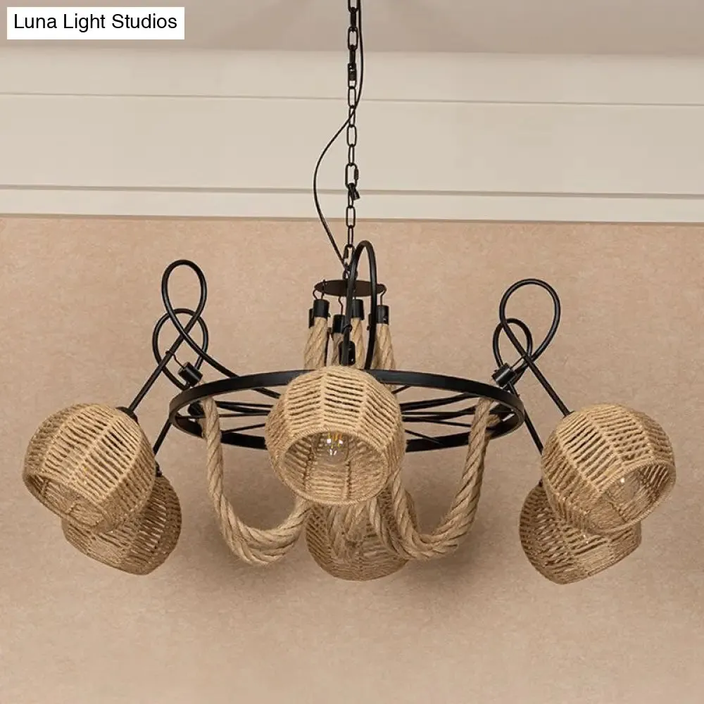 Rustic 6-Head Iron Chandelier with Brown Roped Dome Shade