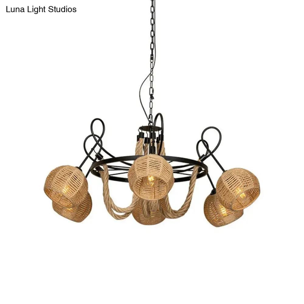 Rustic 6-Head Iron Chandelier with Brown Roped Dome Shade