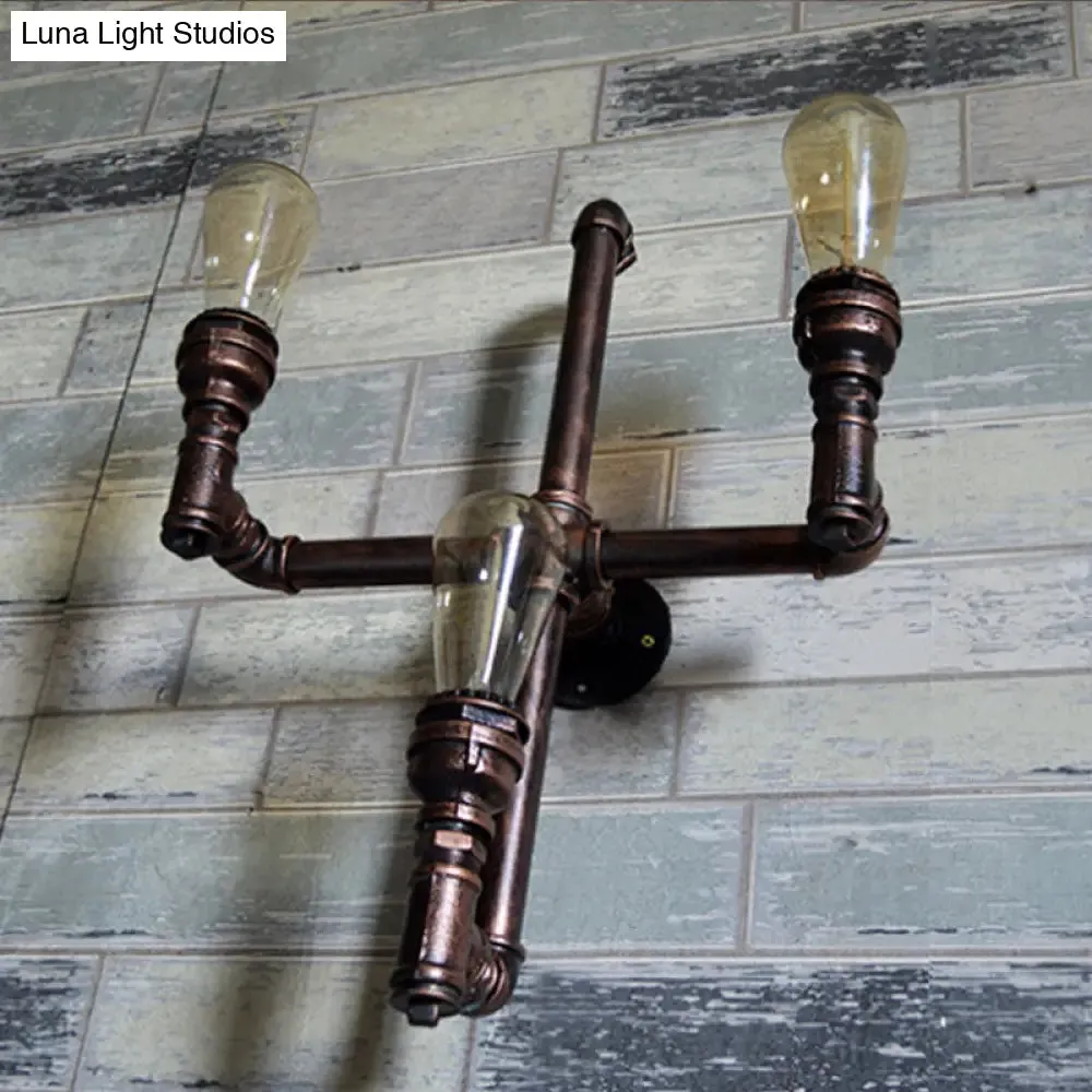 Rustic Farmhouse Pipe Sconce: 3-Bulb Wall-Mounted Lamp with Metallic Finish