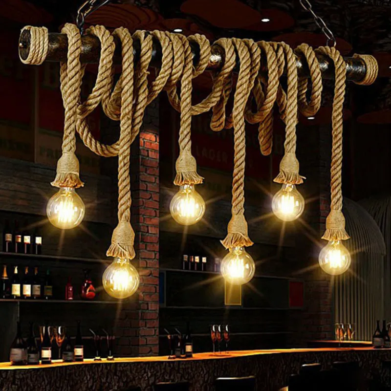 Rustic Jute Rope Island Pendant Light for Wine Bar - 4/6 Lights, Farmhouse Style, Linear Design