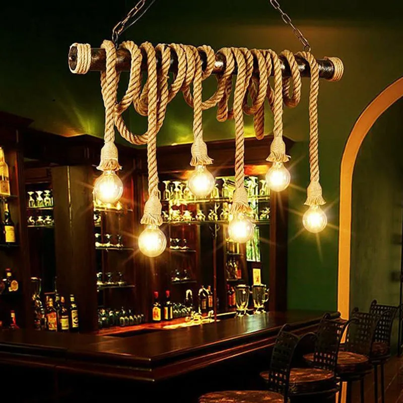 Rustic Jute Rope Island Pendant Light for Wine Bar - 4/6 Lights, Farmhouse Style, Linear Design