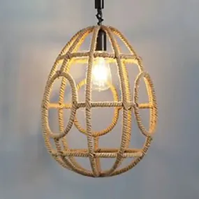 Rustic Pendant Lighting with Oval Cage Shade and Rope Detail - 1 Bulb Suspended Lamp in Beige, Ideal for Restaurants