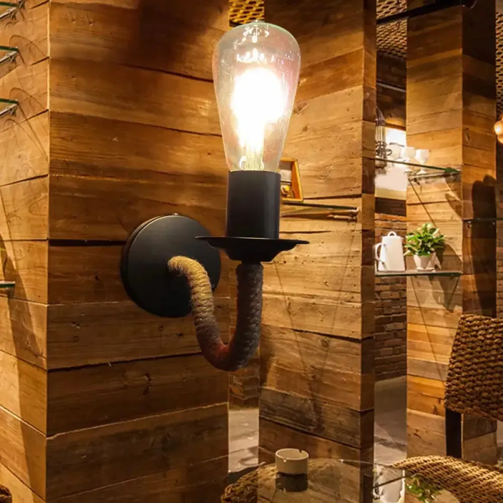 Rustic Rope-Wrapped Wall Lamp with Open Bulb Design