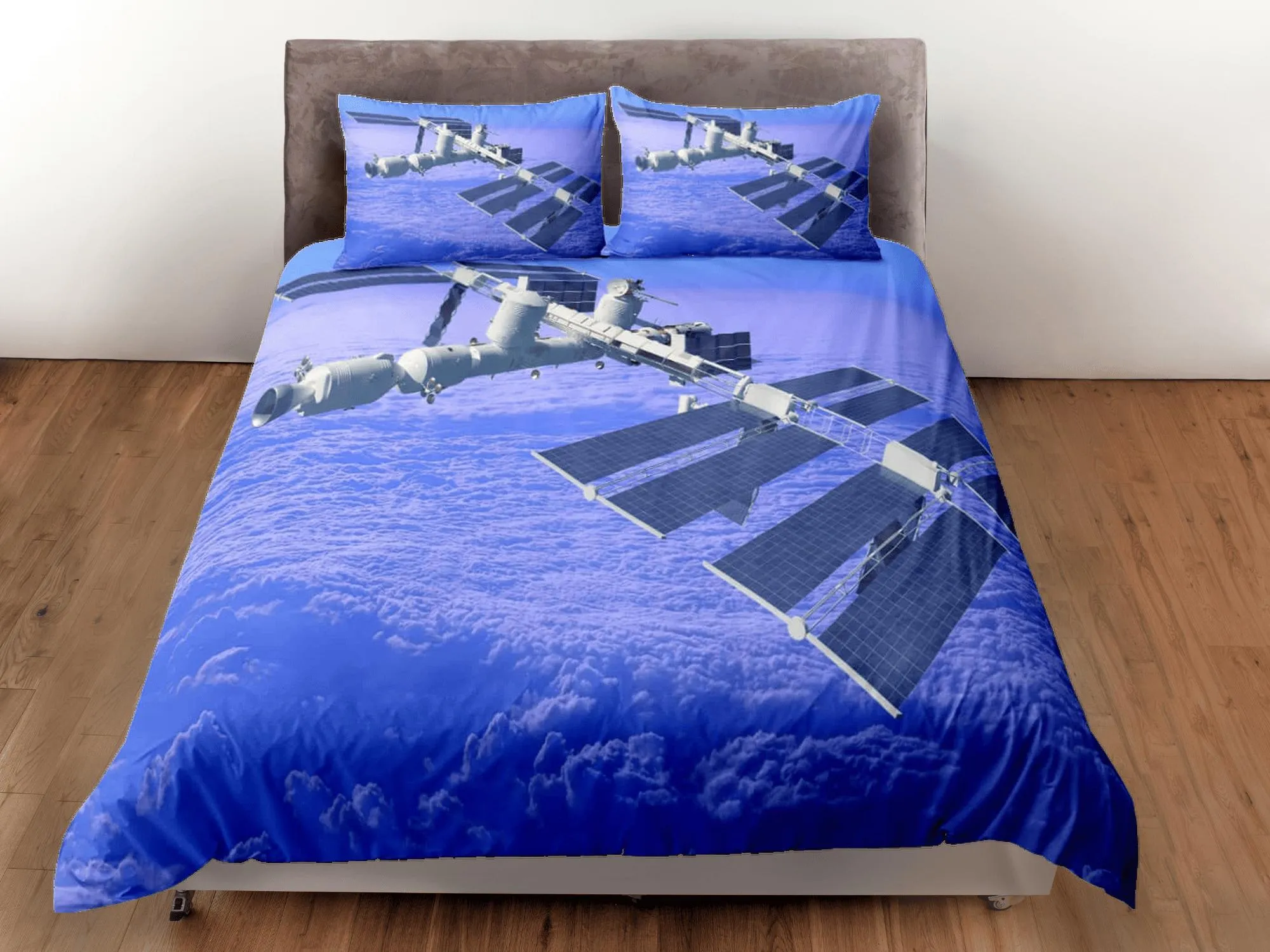 Satellite orbiting in the outer space bedding set full, galaxy duvet cover king, queen, dorm bedding, toddler bedding aesthetic duvet