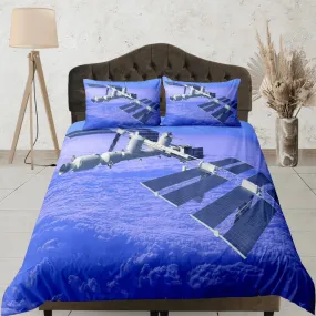 Satellite orbiting in the outer space bedding set full, galaxy duvet cover king, queen, dorm bedding, toddler bedding aesthetic duvet