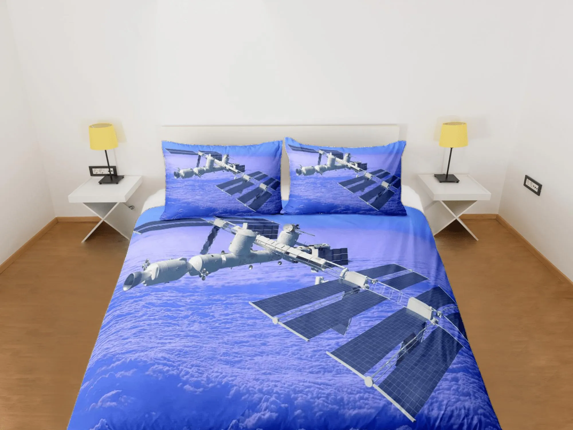 Satellite orbiting in the outer space bedding set full, galaxy duvet cover king, queen, dorm bedding, toddler bedding aesthetic duvet