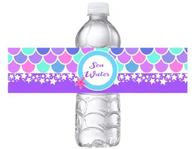 Sea Water Mermaid Party Favors Purple Pink Blue Birthday Water Bottle Labels Wrappers Supplies ideas decor