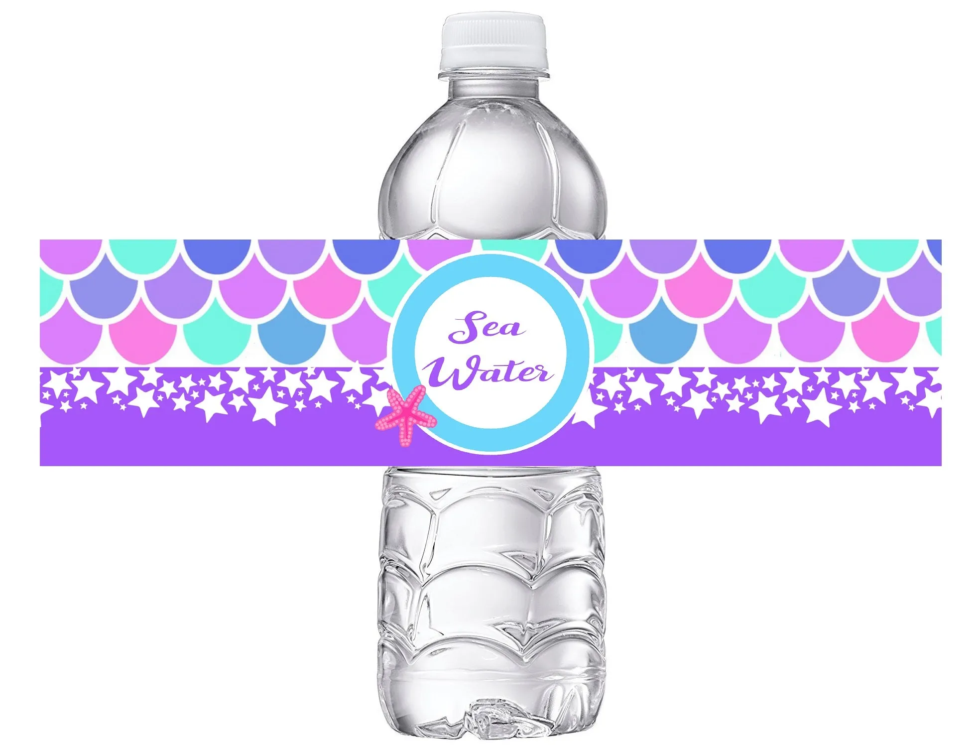 Sea Water Mermaid Party Favors Purple Pink Blue Birthday Water Bottle Labels Wrappers Supplies ideas decor