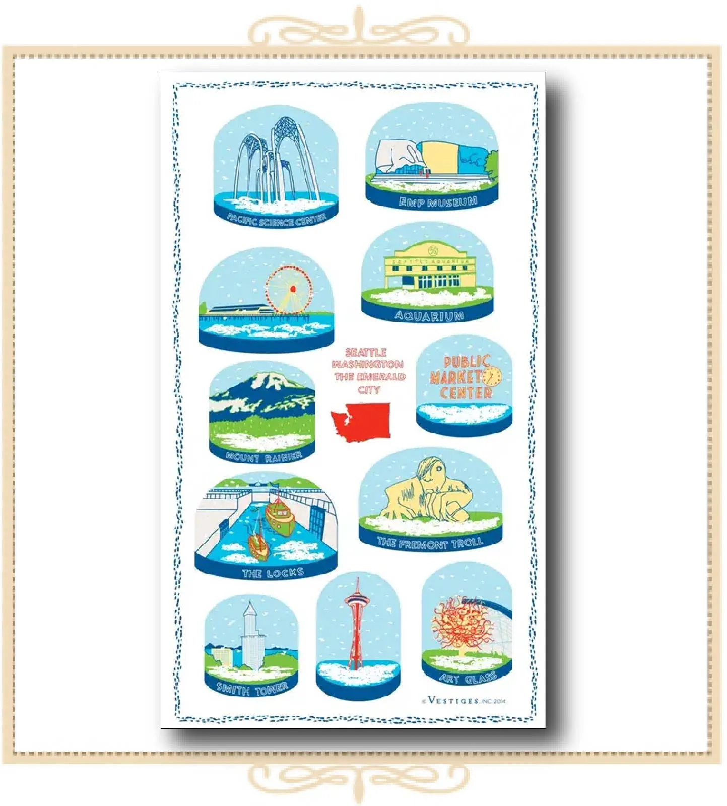 Seattle City Snow Globes Tea Towel