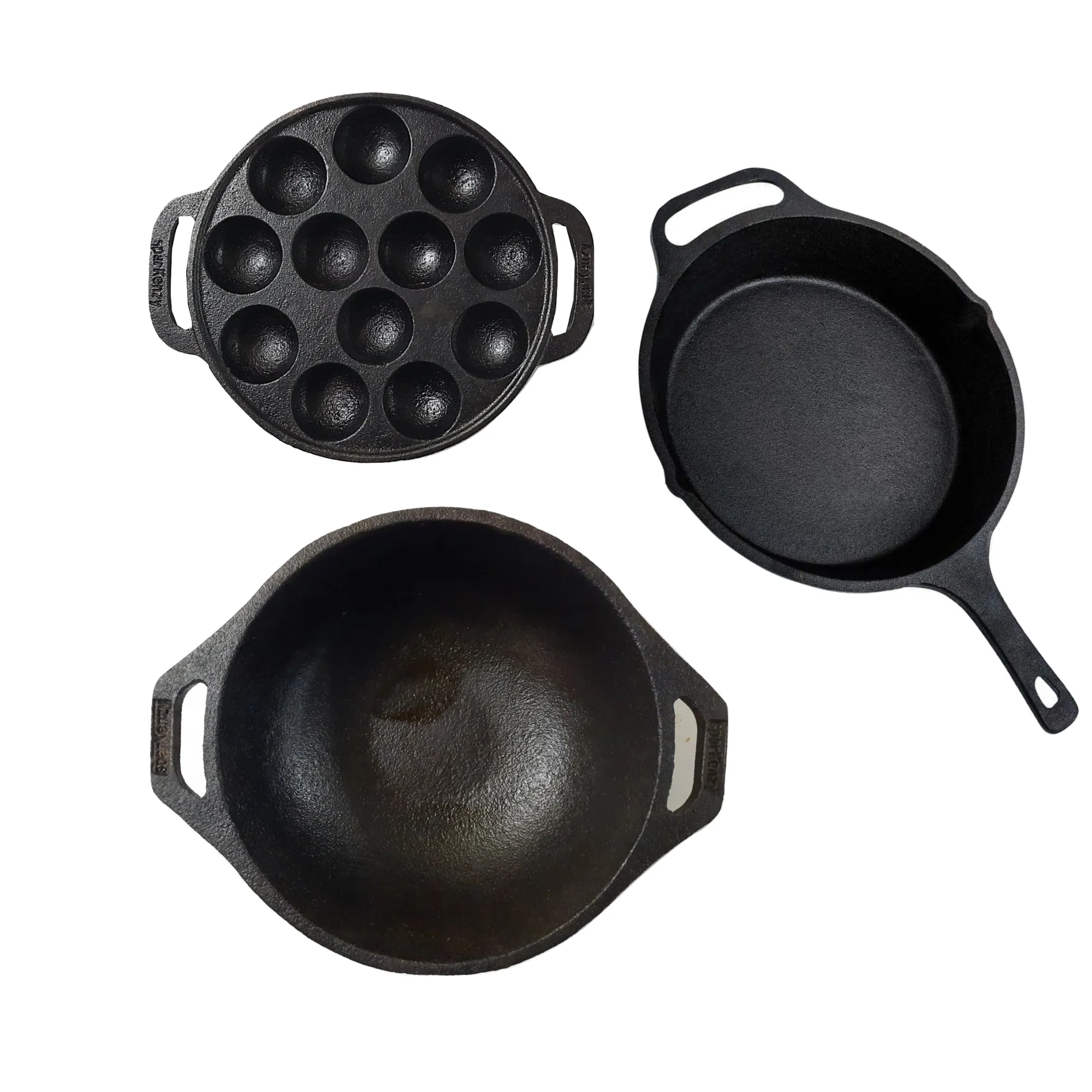 Sparkenzy Pre seasoned Cast iron Skillet 10 inch | kadai 10 inch | Paniyaram pan 12 pit | Combo