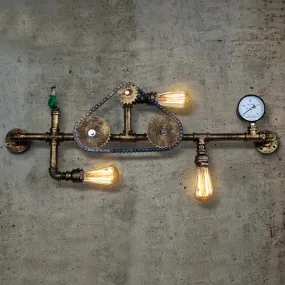 Steampunk Bicycle Wall Mount Light with Pipe Design - 3-Light Wrought Iron Wall Lamp in Antique Brass