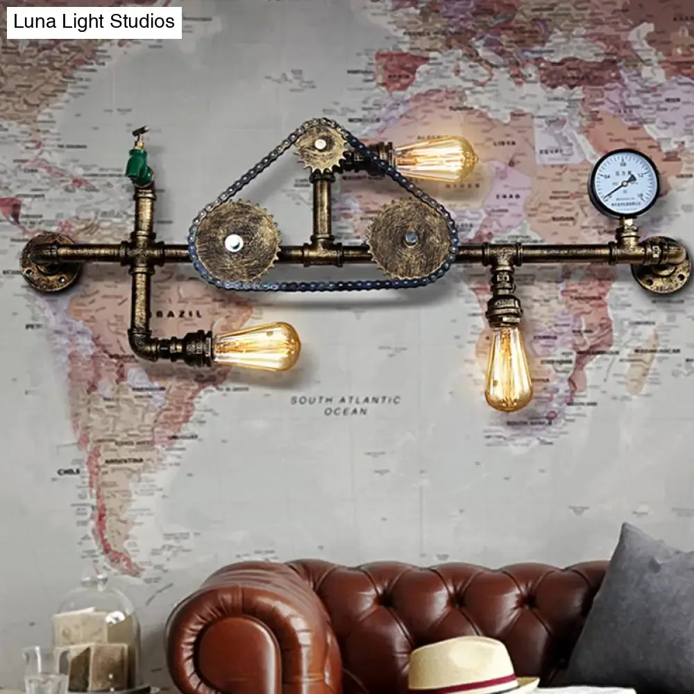 Steampunk Bicycle Wall Mount Light with Pipe Design - 3-Light Wrought Iron Wall Lamp in Antique Brass