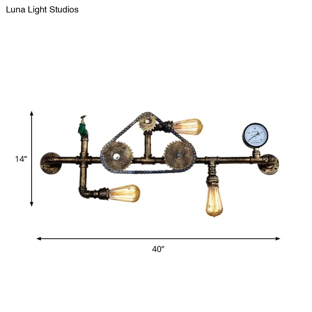 Steampunk Bicycle Wall Mount Light with Pipe Design - 3-Light Wrought Iron Wall Lamp in Antique Brass