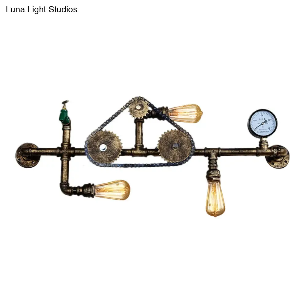 Steampunk Bicycle Wall Mount Light with Pipe Design - 3-Light Wrought Iron Wall Lamp in Antique Brass