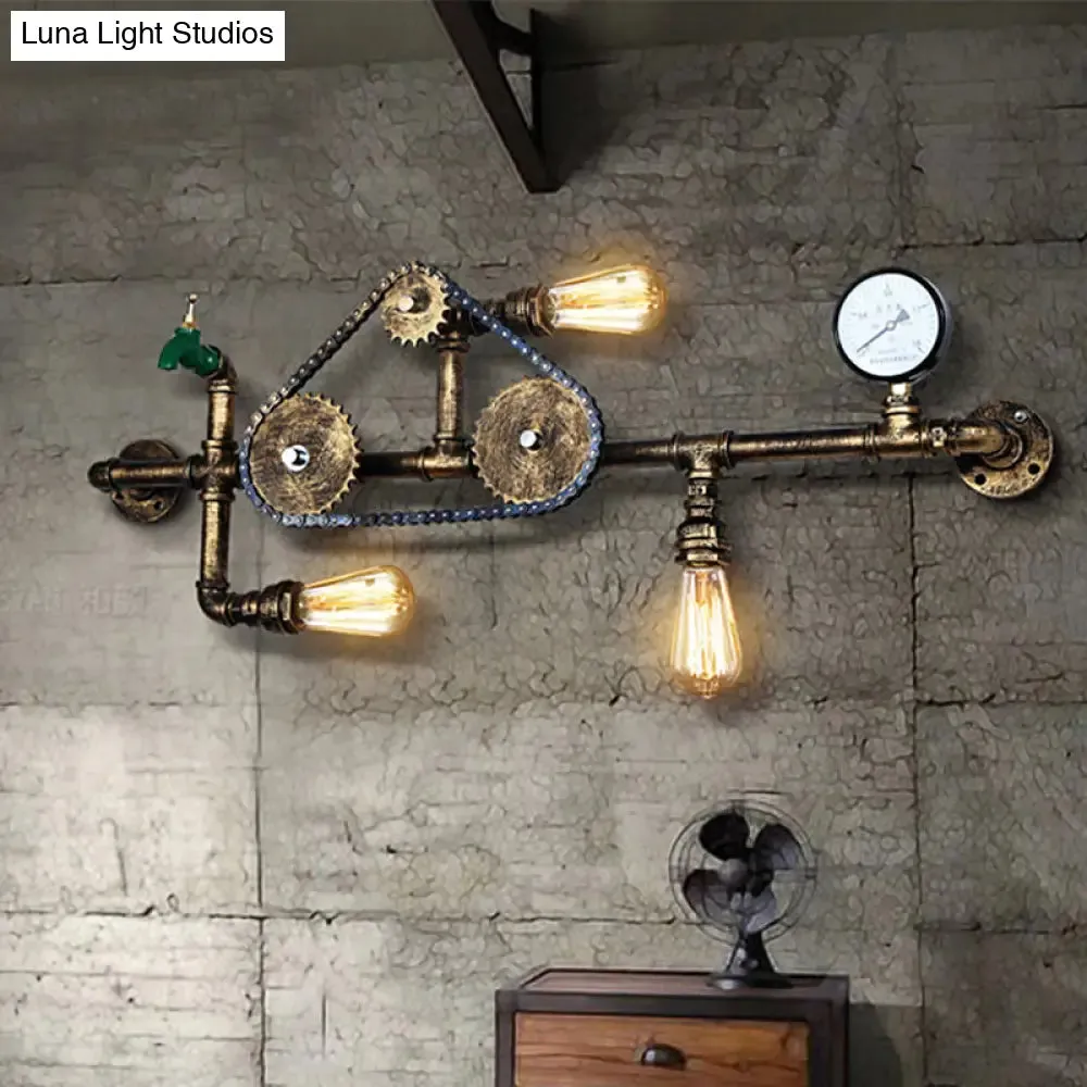 Steampunk Bicycle Wall Mount Light with Pipe Design - 3-Light Wrought Iron Wall Lamp in Antique Brass