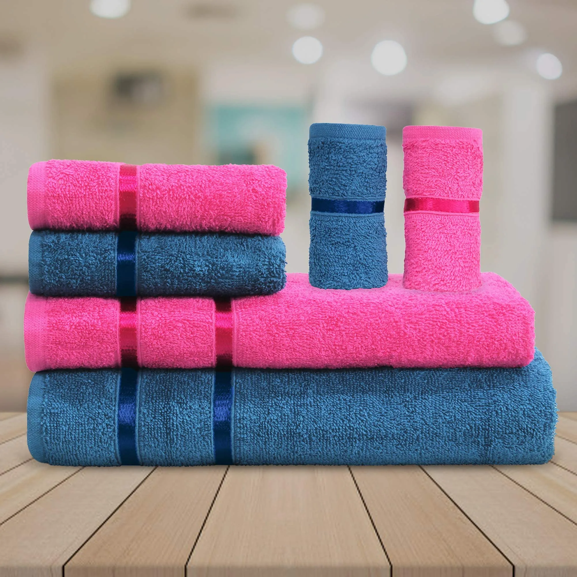 Story@Home 6 Piece 450 GSM Cotton Soft Towel Set - Navy Blue and Pink