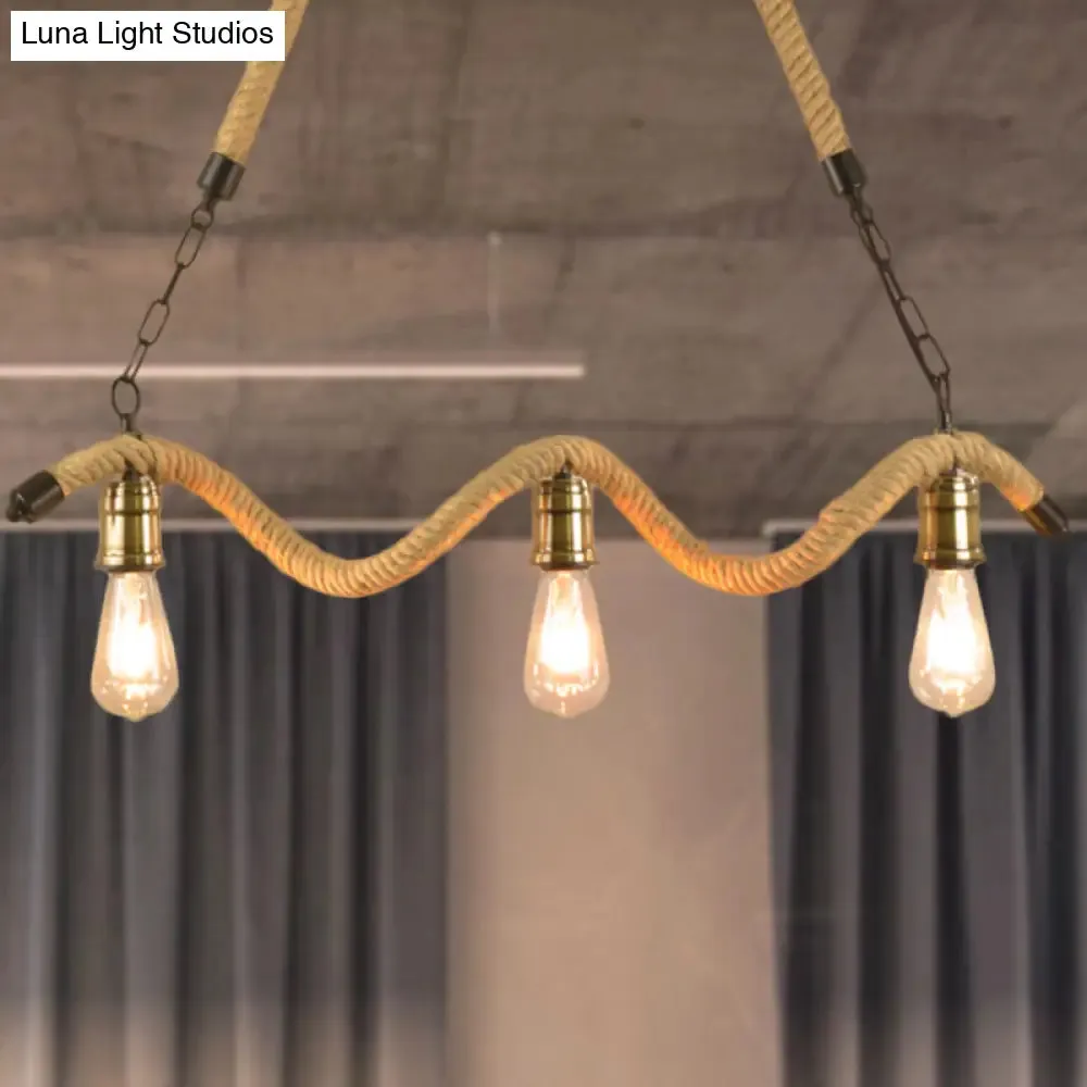 Stylish Loft Hanging Island Light with Exposed Bulbs, Rope Design & 3 Lights in Beige for Dining Room