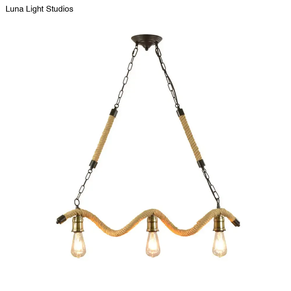 Stylish Loft Hanging Island Light with Exposed Bulbs, Rope Design & 3 Lights in Beige for Dining Room