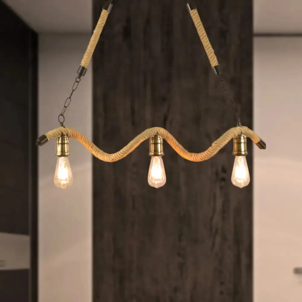 Stylish Loft Hanging Island Light with Exposed Bulbs, Rope Design & 3 Lights in Beige for Dining Room