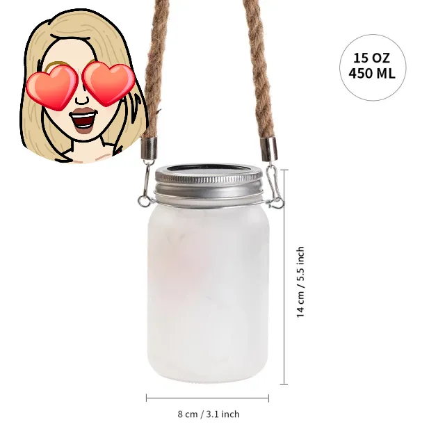 Sublimation Mason Jar Lantern with Solar Powered lid and Hemp Handle