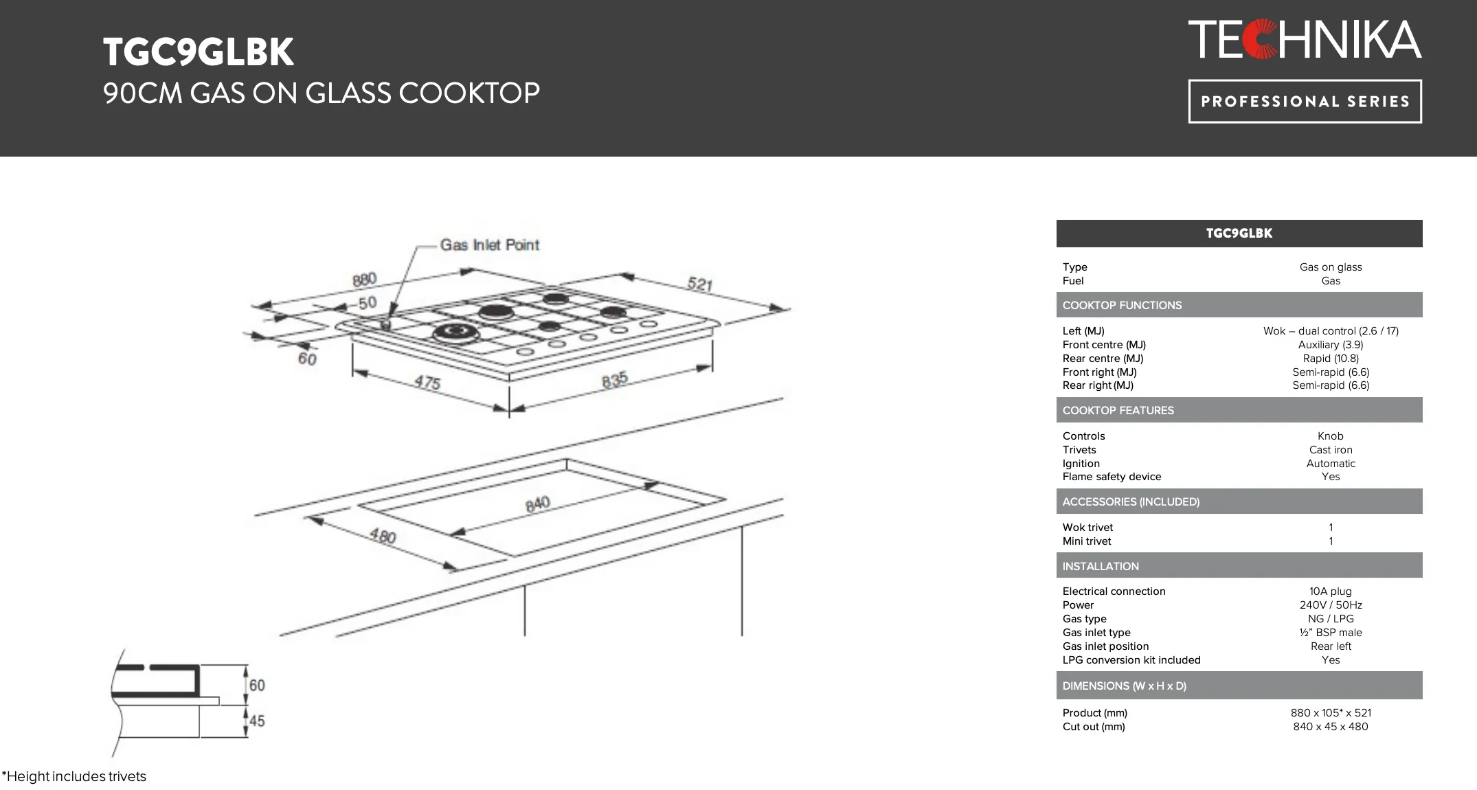 Technika TGC9GLBK 90cm Black Glass Gas Cooktop