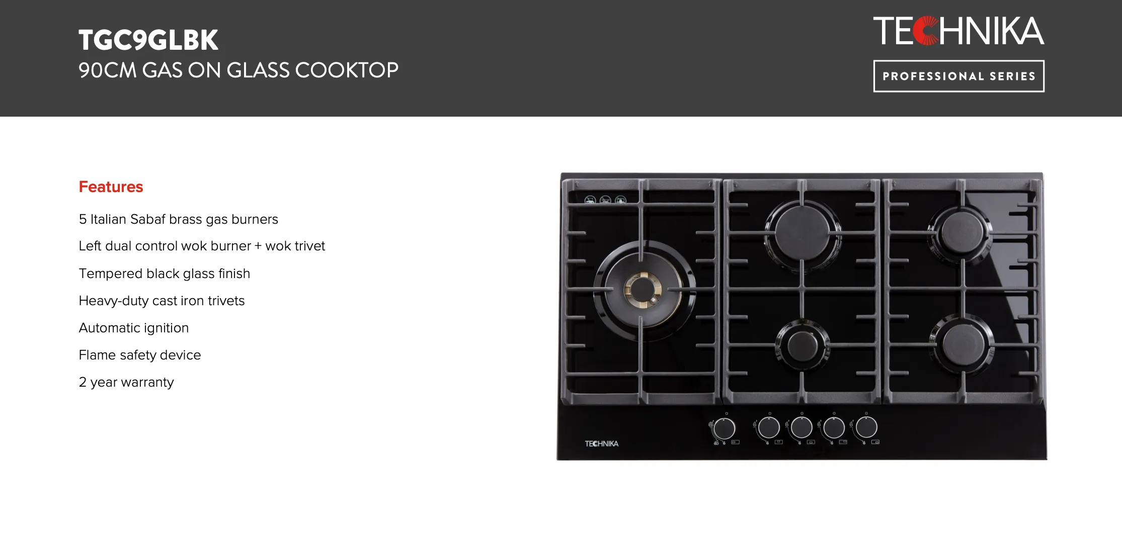 Technika TGC9GLBK 90cm Black Glass Gas Cooktop